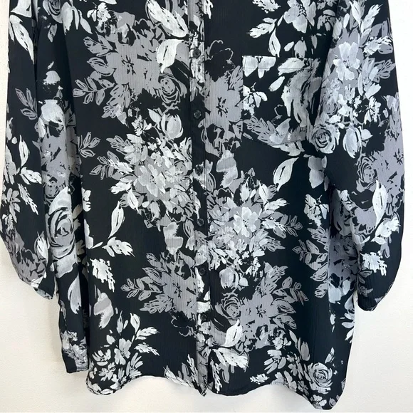 Floral Dark Romantic Button Up Black Gray Top Plus Size 3X Goth Whimsigoth Work - Picture 4 of 12